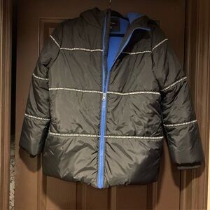 Kids Calvin Klein L(14-16) Puffer Coat Hood Fkeece Lined Black/Blue